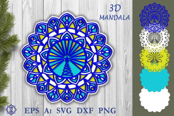 3D Mandala with Christmas Tree. Layered