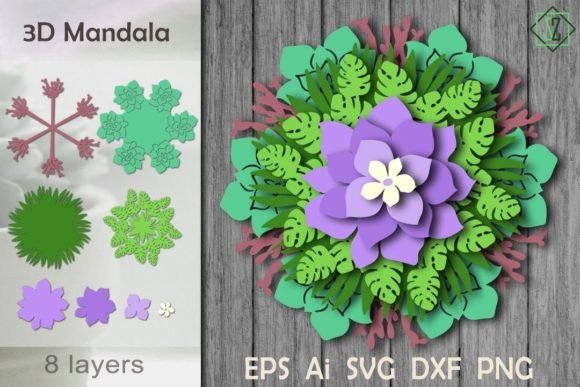 3D Mandala with Succulents: 3D SVG Paper Flowers