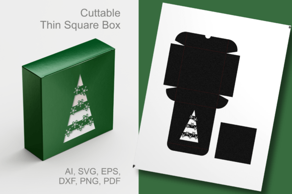 Striped X-mas Tree Thin Square Gift Box 3D SVG