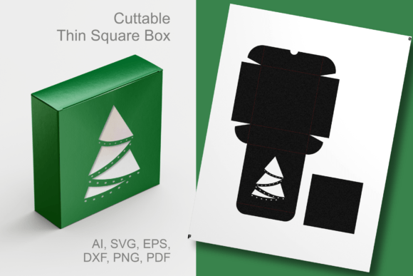 X-mas Tree Thin Square Gift Box Template 3D SVG